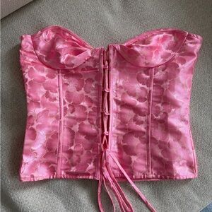 Pink Floral Satin Lace-Up Bustier Corset Top